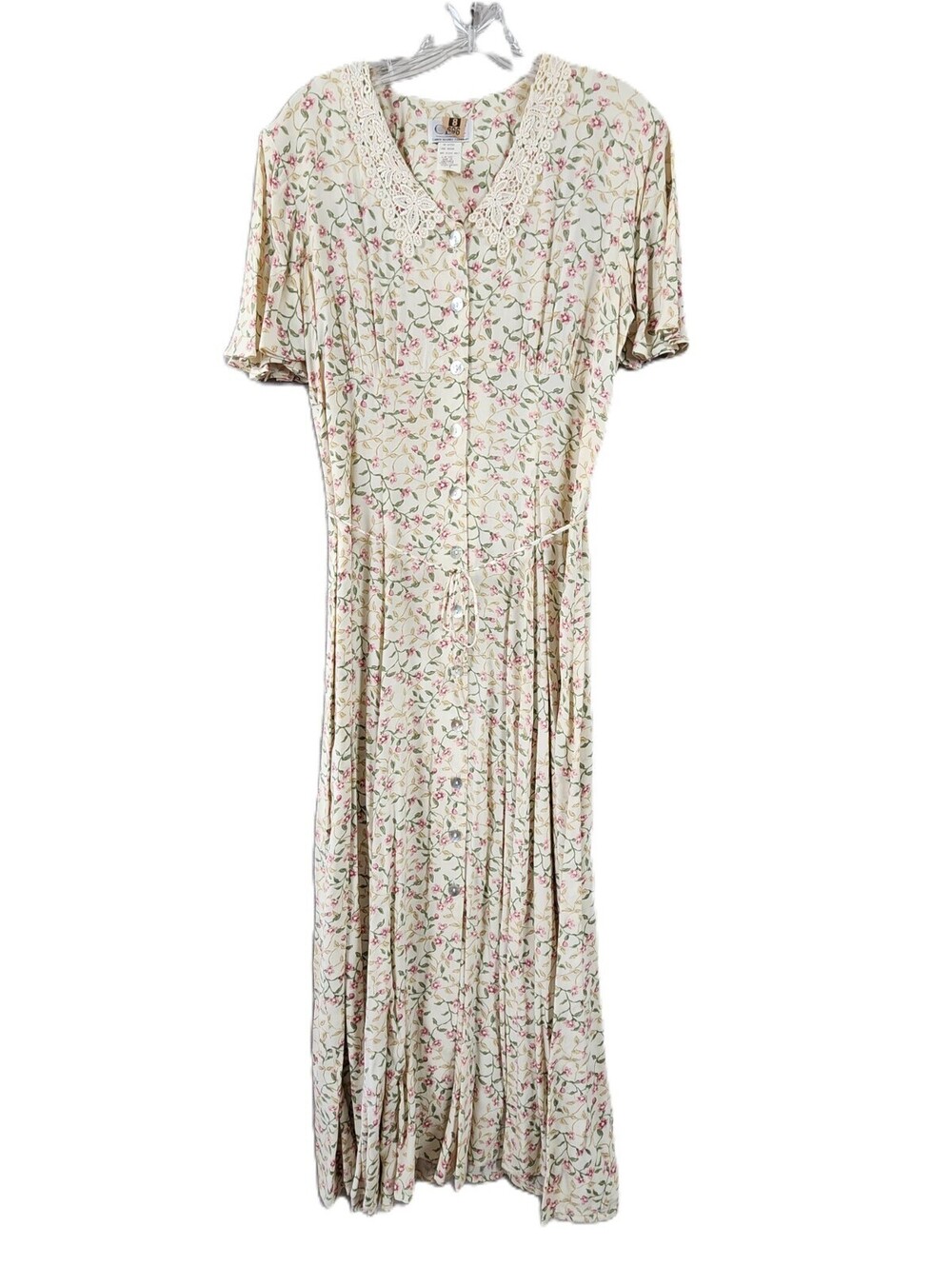 CDC Caran Desiree Dress Women Size 8 Yellow Floral Button Front Dress Lace Trim
